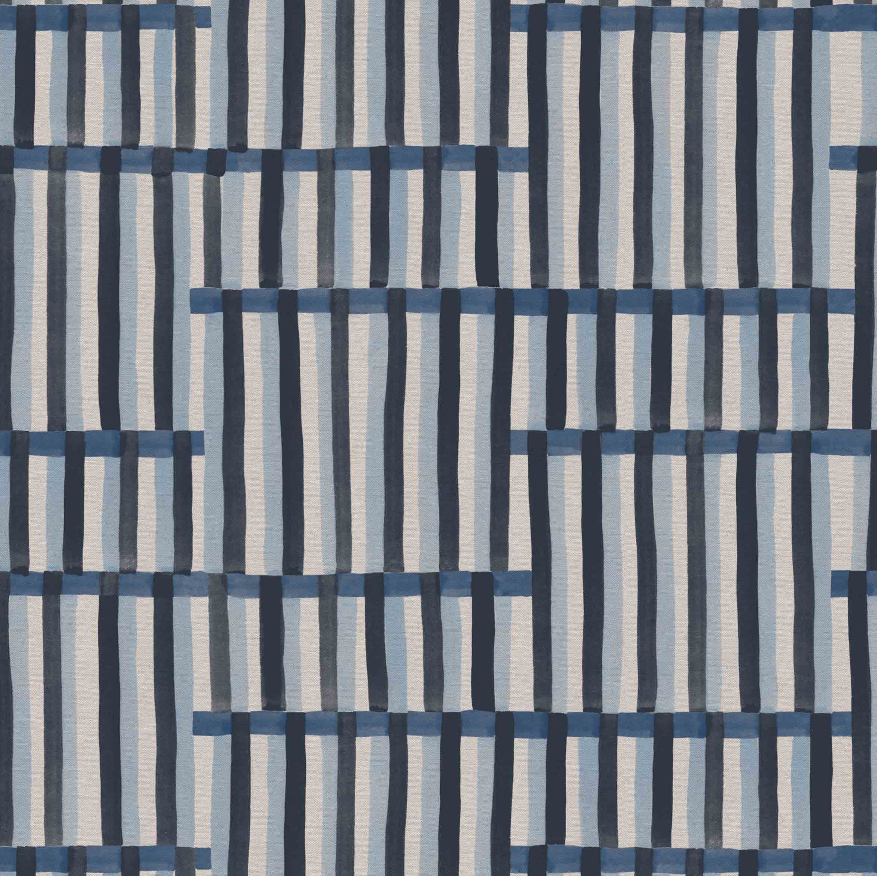 Detail of fabric in an interlocking striped pattern in shades of blue, navy and cream.