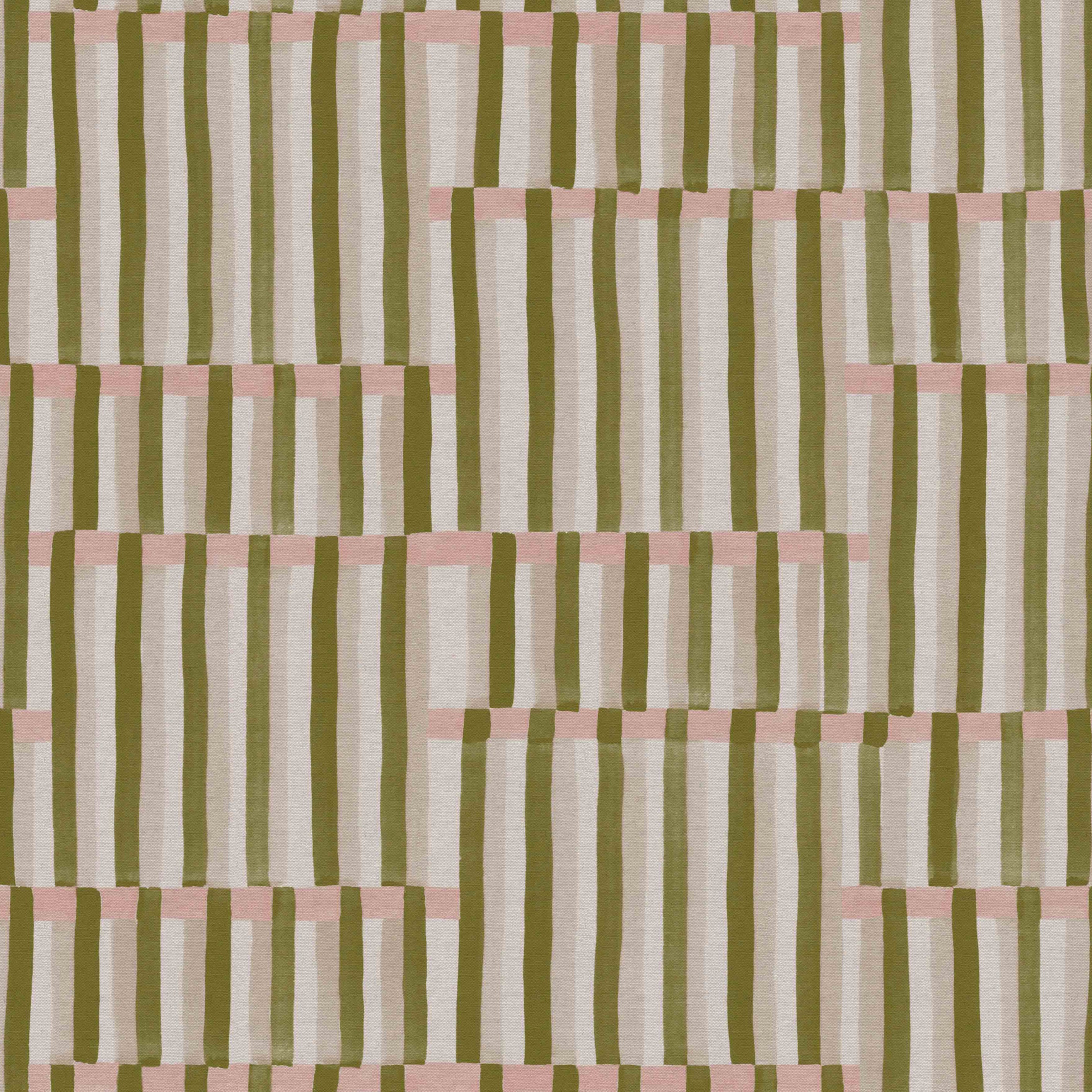 Detail of fabric in an interlocking striped pattern in shades of olive, pink and cream.