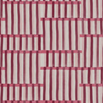 Detail of fabric in an interlocking striped pattern in shades of pink, maroon and cream.
