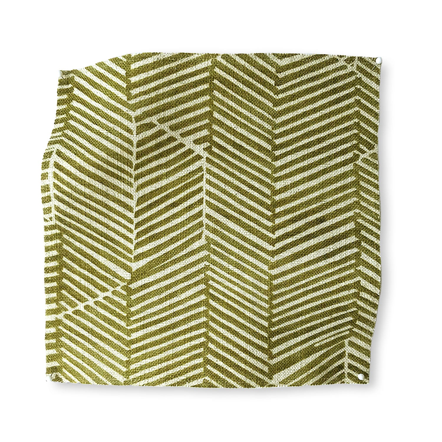 Square fabric swatch in a dense herringbone print in olive on a tan field.
