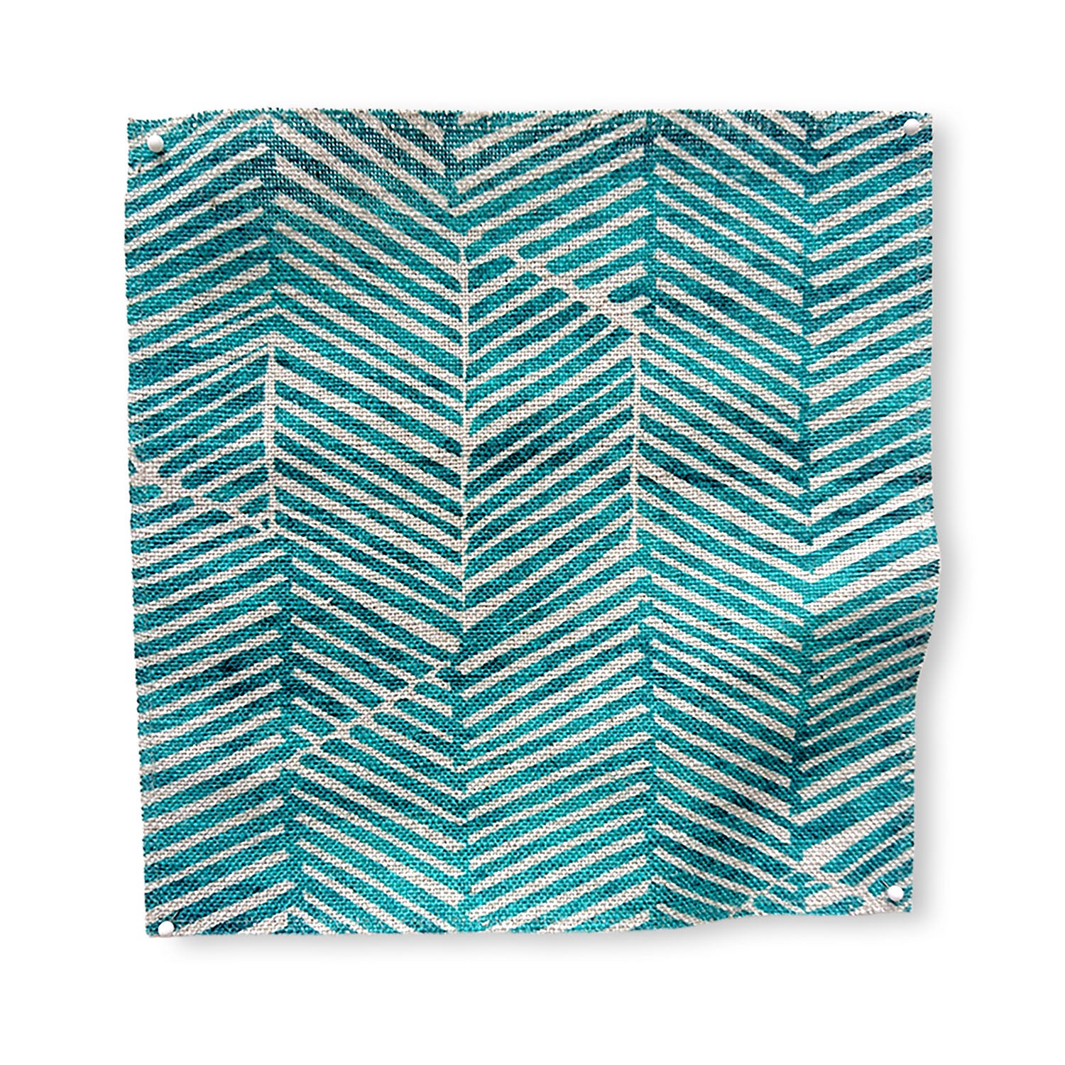Square fabric swatch in a dense herringbone print in turquoise on a tan field.