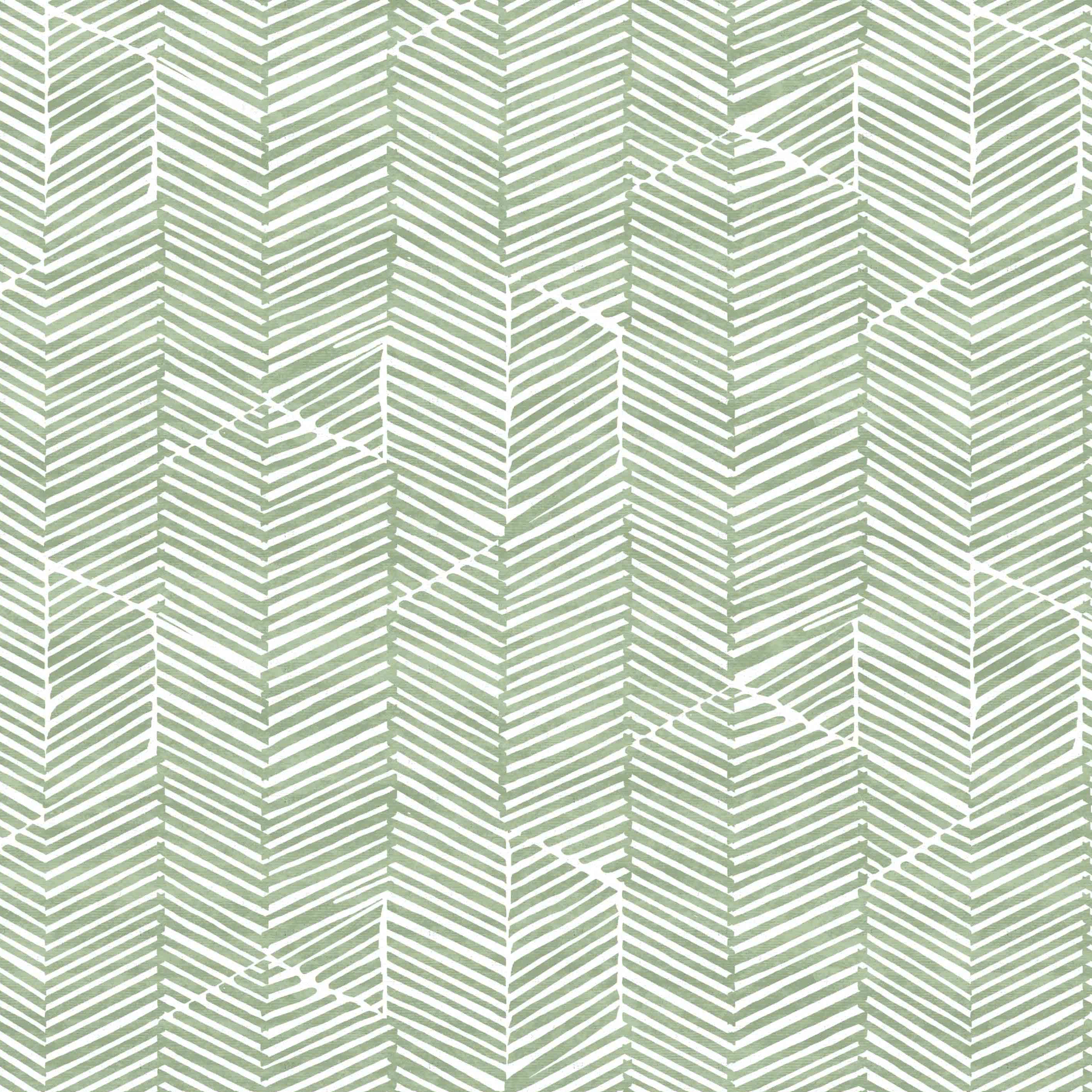Detail of fabric in a dense herringbone print in sage on a white field.