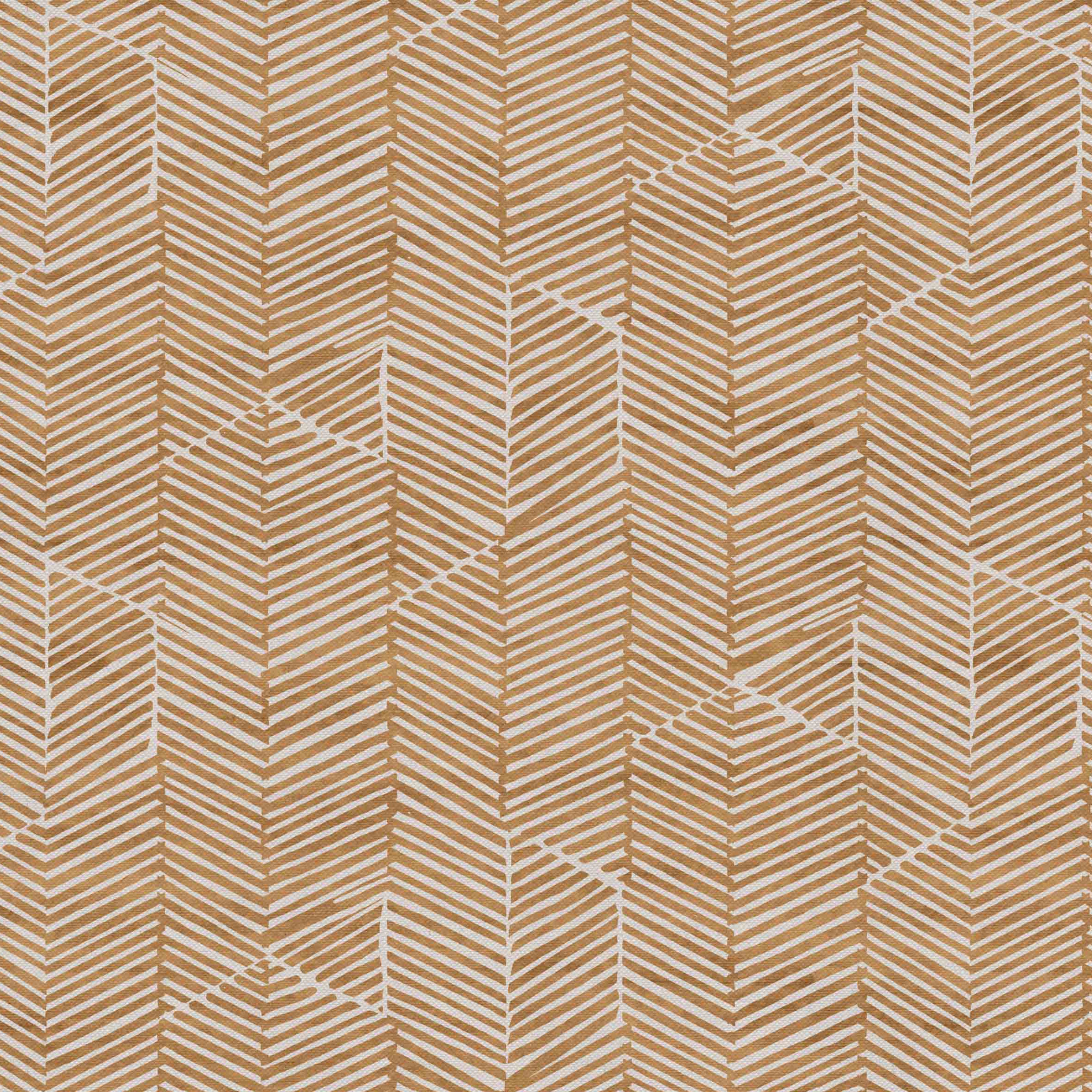Detail of fabric in a dense herringbone print in sienna on a tan field.