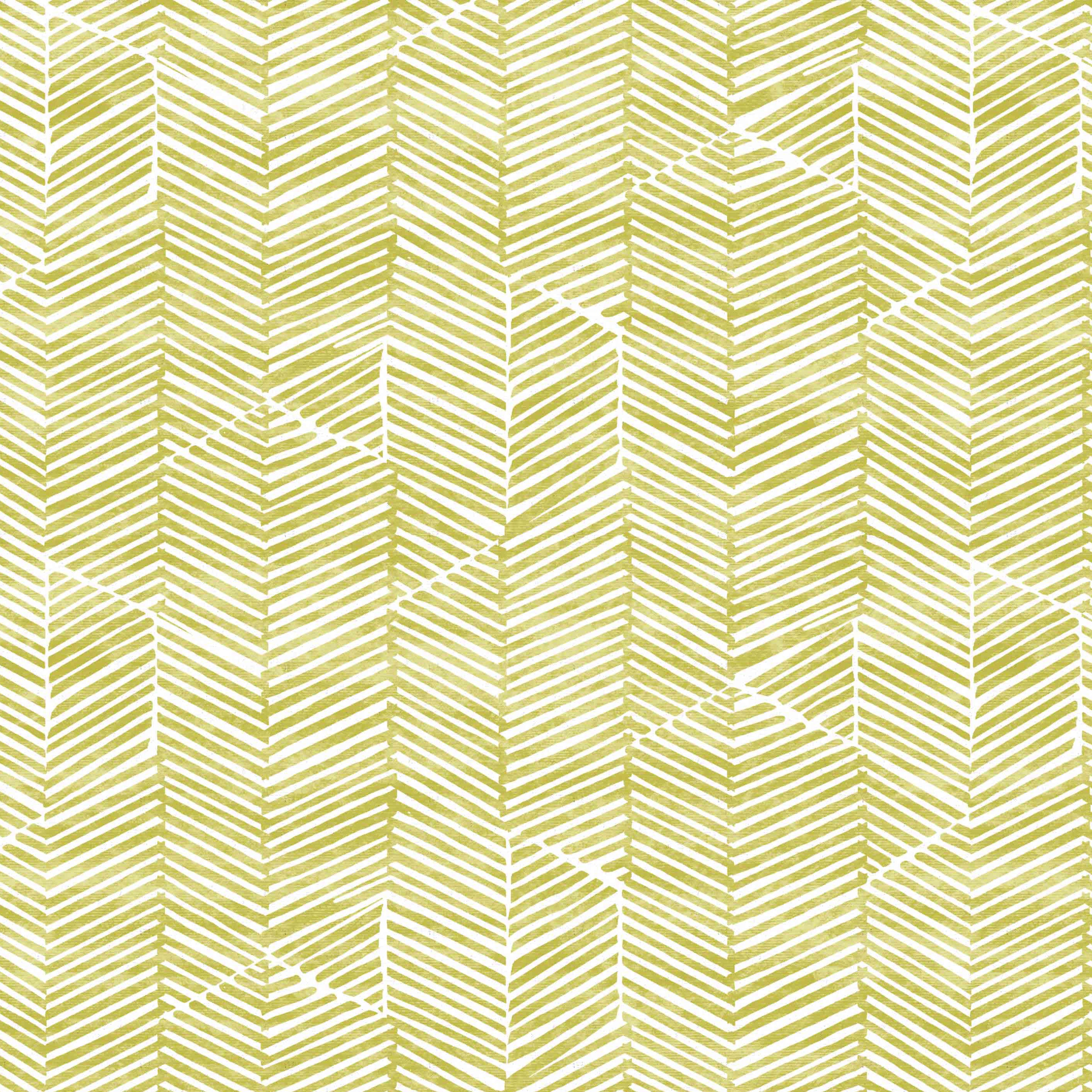 Detail of fabric in a dense herringbone print in mustard on a white field.