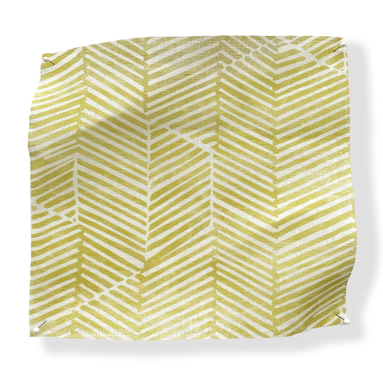 Square fabric swatch in a dense herringbone print in mustard on a white field.