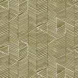 Detail of fabric in a dense herringbone print in olive on a tan field.
