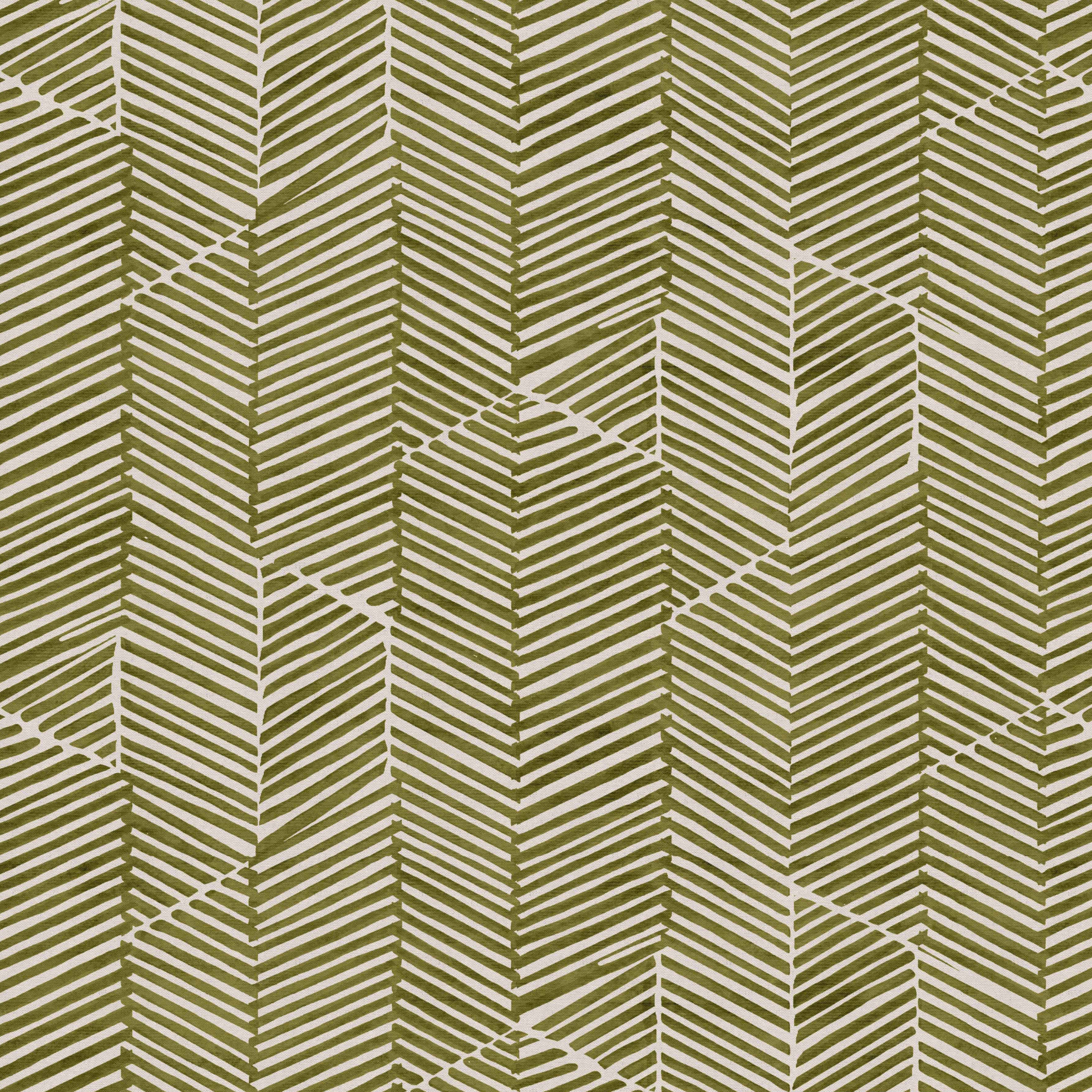 Detail of fabric in a dense herringbone print in olive on a tan field.