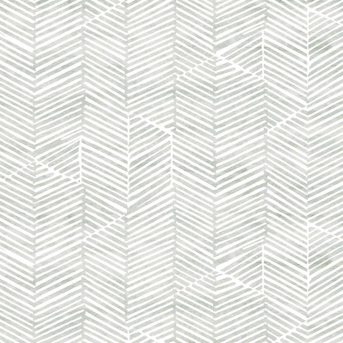 Detail of fabric in a dense herringbone print in light green on a white field.