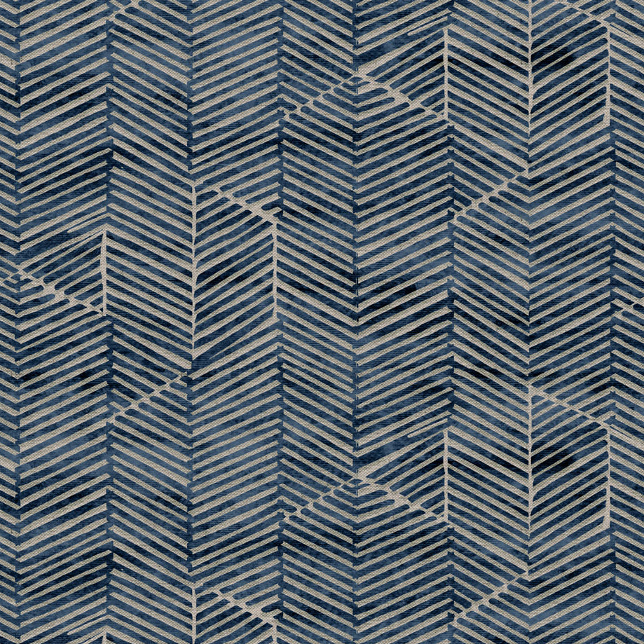 Detail of fabric in a dense herringbone print in navy on a tan field.