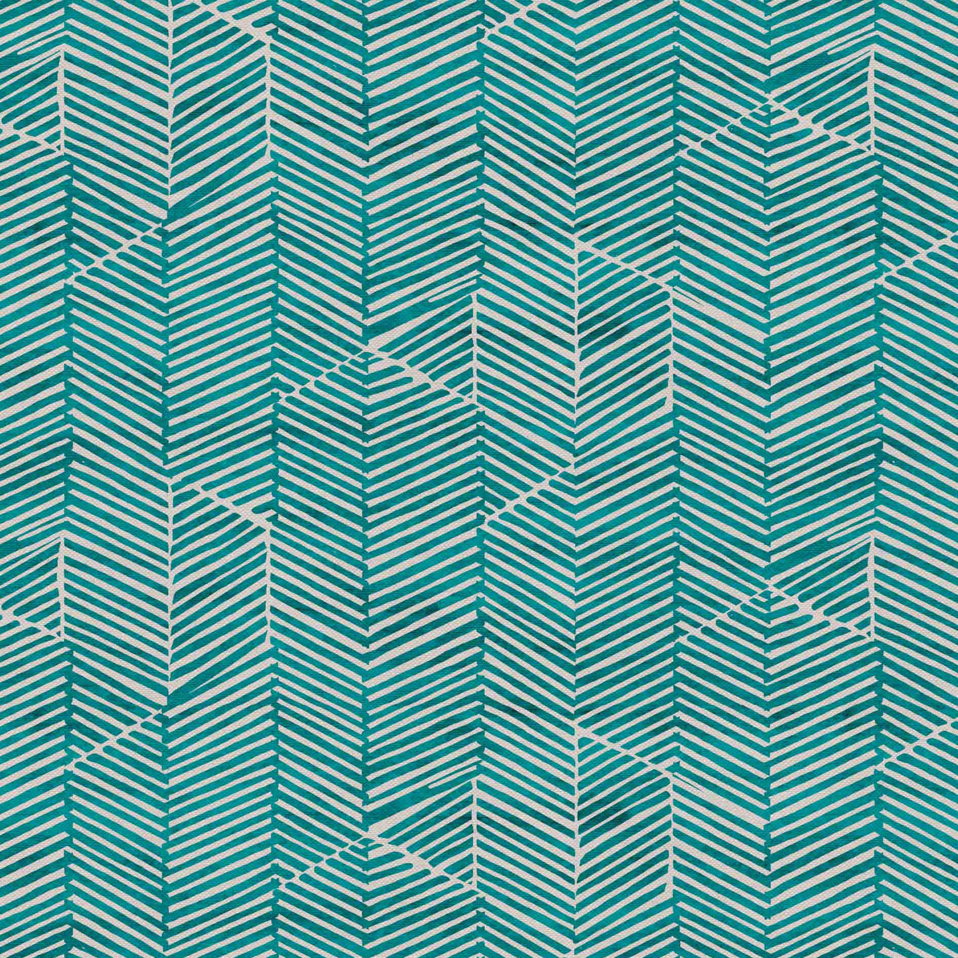 Detail of fabric in a dense herringbone print in turquoise on a tan field.