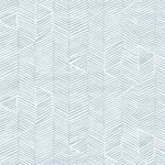 Detail of wallpaper in a dense herringbone print in light blue on a white field.