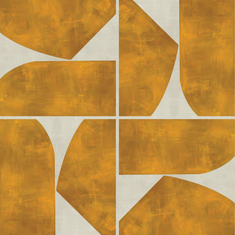 Detail of wallpaper in a geometric grid print in mustard on a mottled cream field.