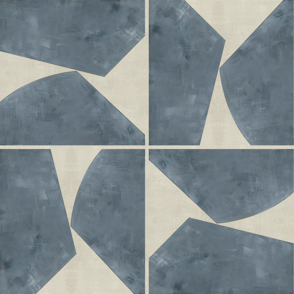 Detail of wallpaper in a geometric grid print in blue-gray on a mottled cream field.