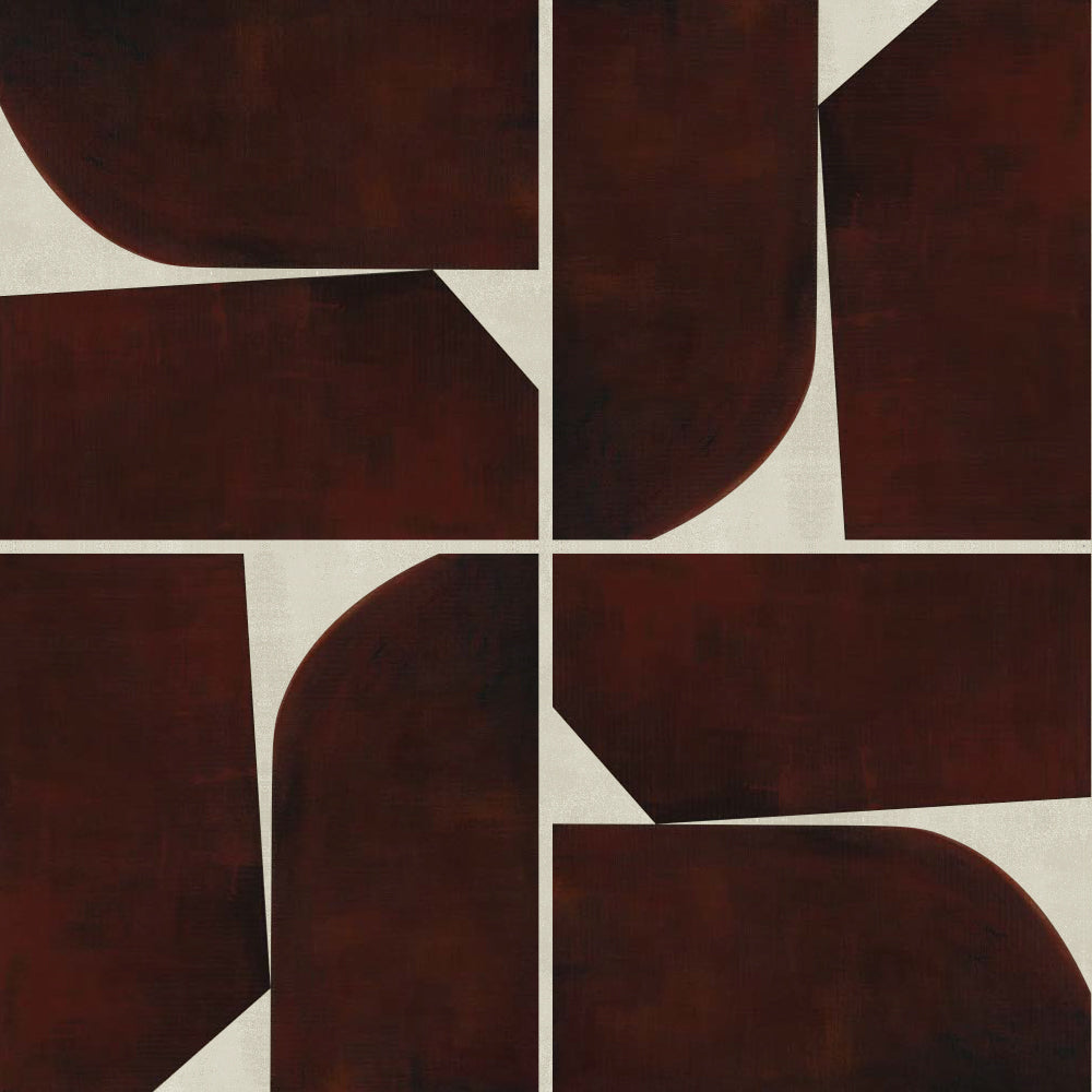 Detail of wallpaper in a geometric grid print in brown on a mottled cream field.