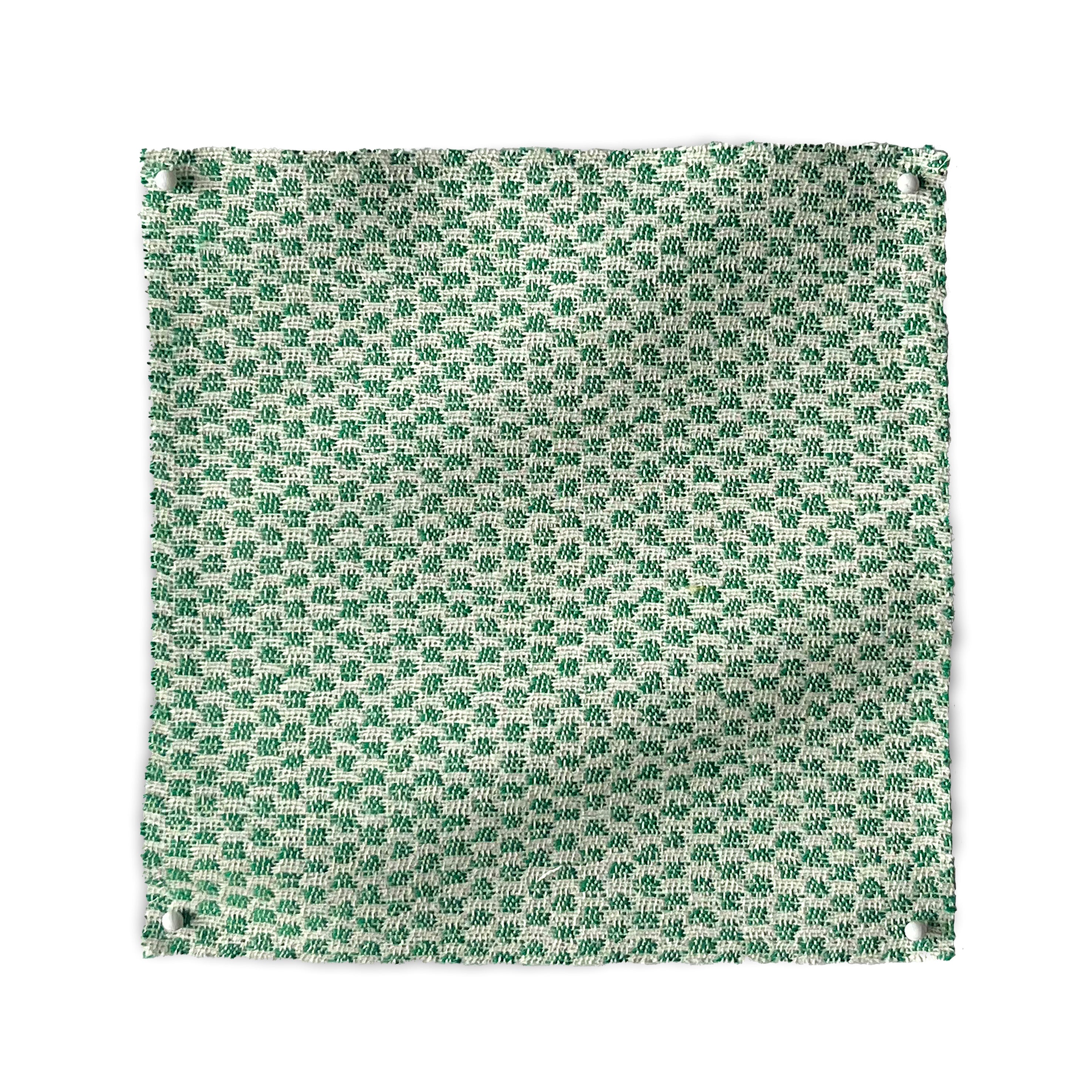 Square fabric swatch in a dense checked weave in green and white.