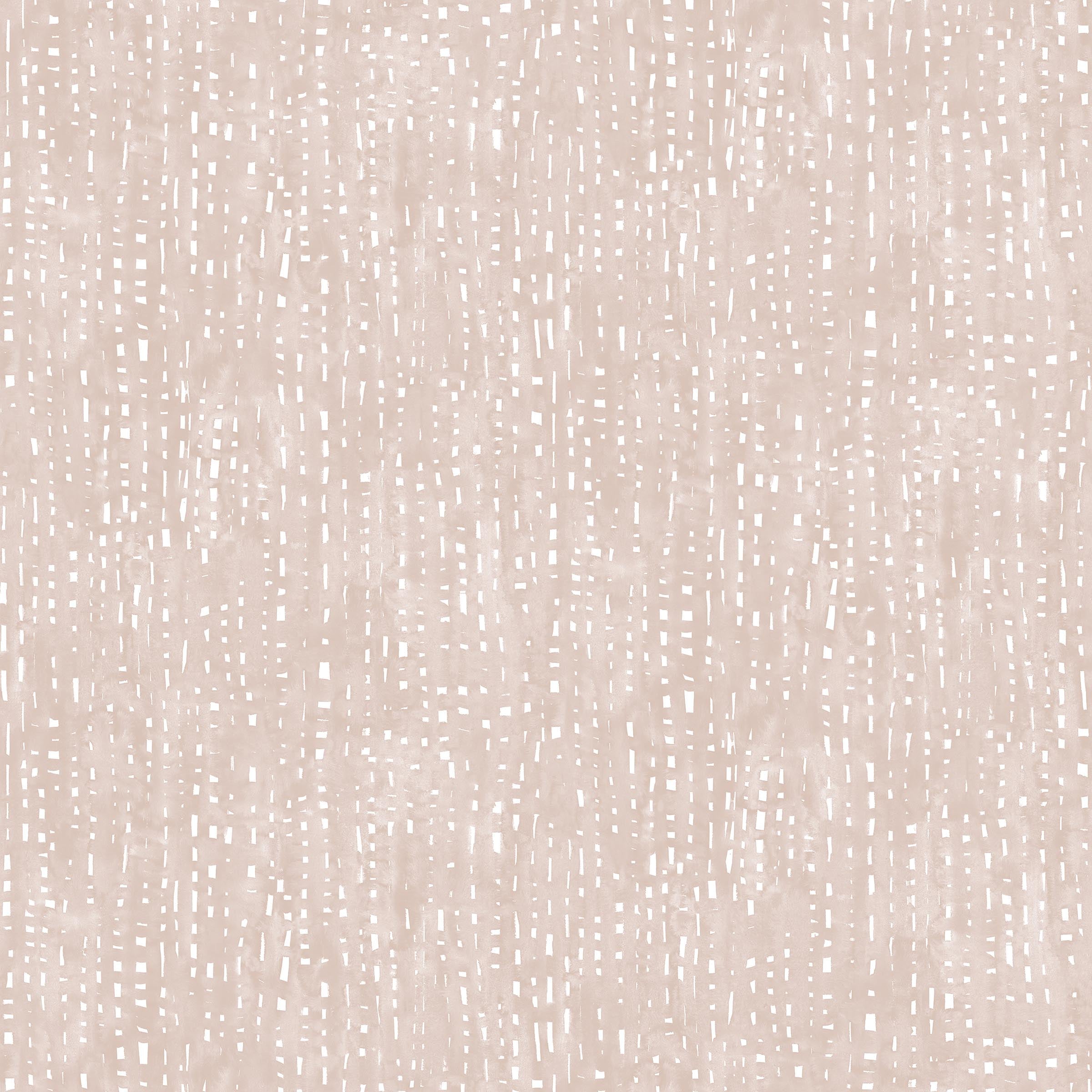 Painterly small-scale dashed dot print in white on a soft pink watercolor field.