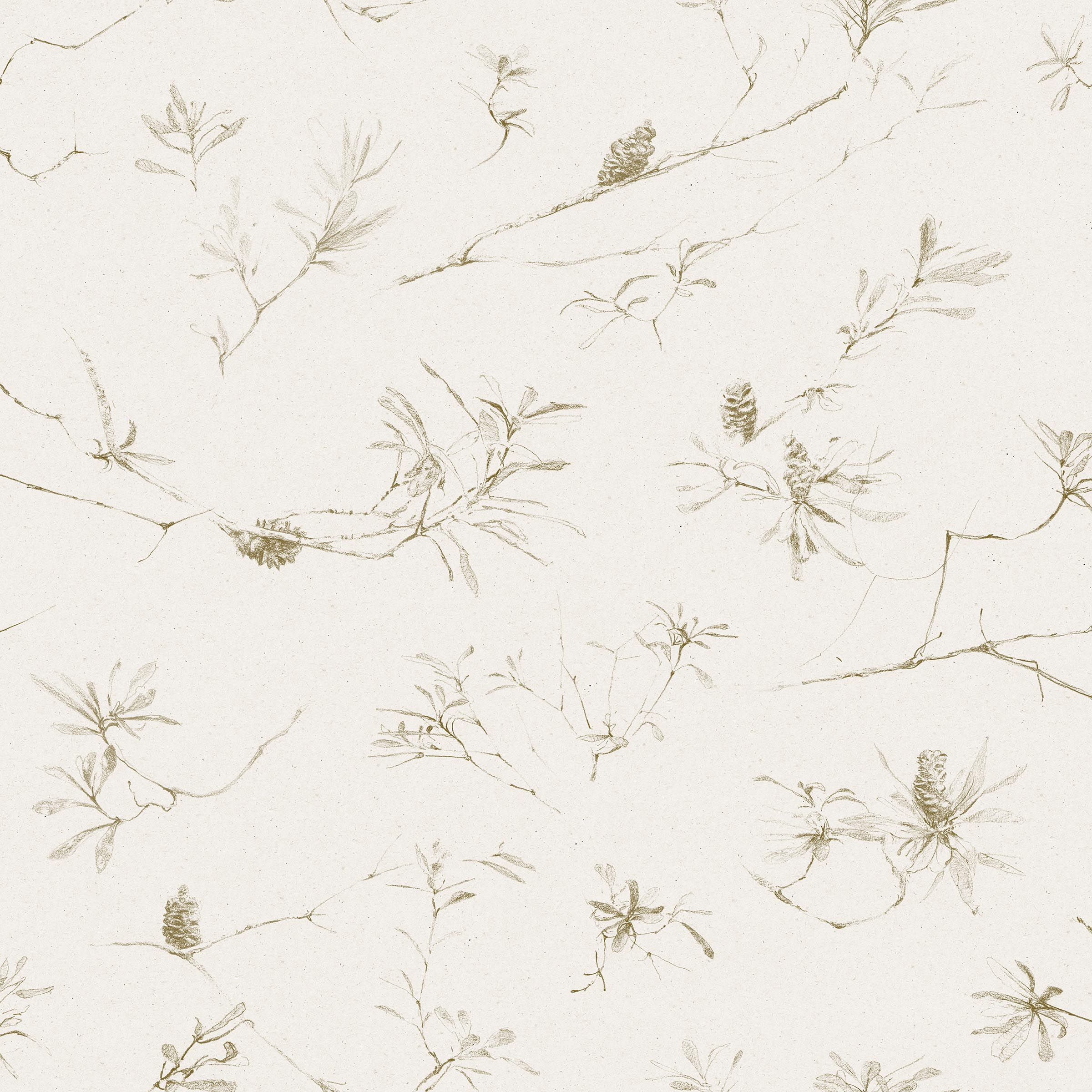 Detail of wallpaper in a painterly pine cone and branch print in green on a cream field.