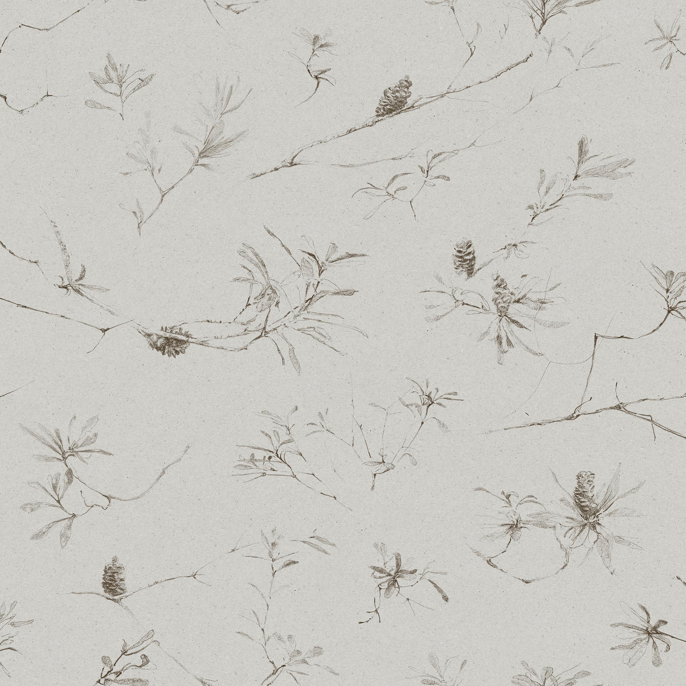 Detail of wallpaper in a painterly pine cone and branch print in gray on a greige field.