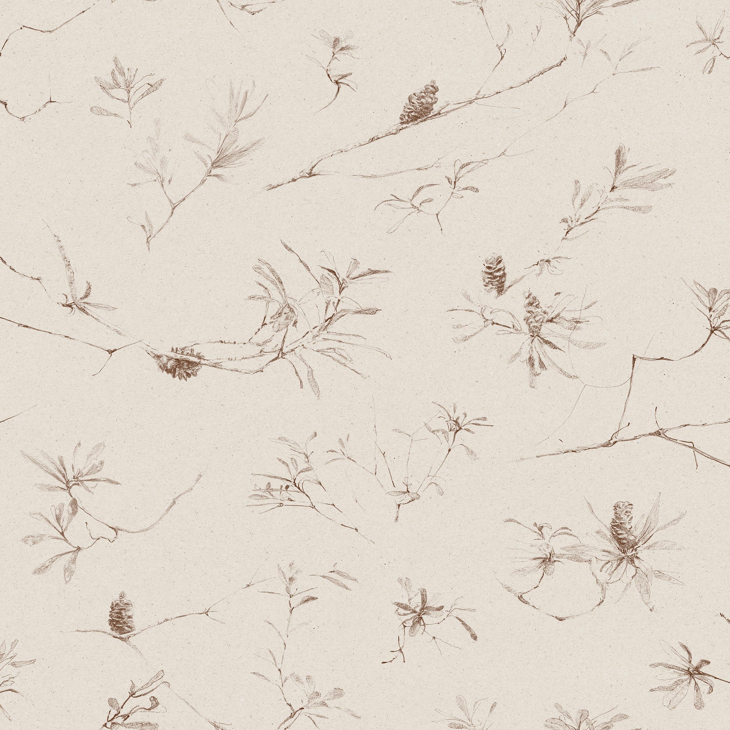 Detail of wallpaper in a painterly pine cone and branch print in brown on a cream field.