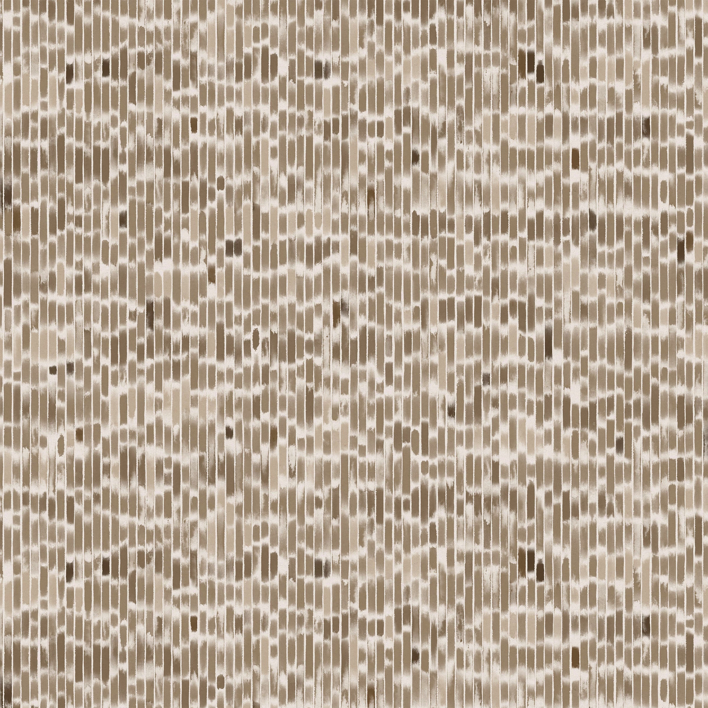 Detail of fabric in a linear check pattern in shades of brown on a white field.