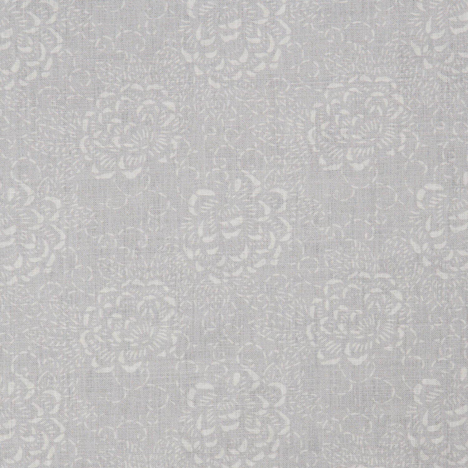 Detail of a printed linen fabric in a repeating camellia pattern in white on a gray field.