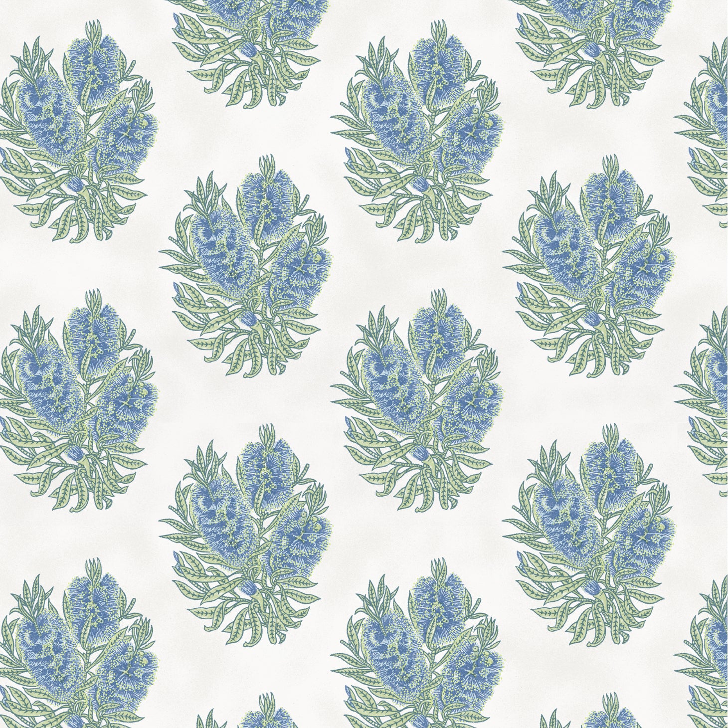 Detail of wallpaper in a floral cameo print in light blue and green on a white field.