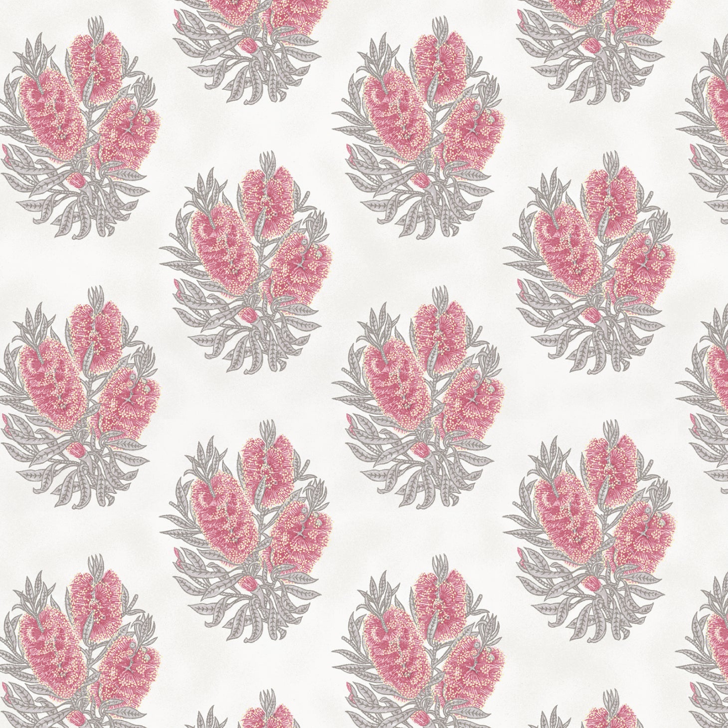 Detail of wallpaper in a floral cameo print in dusty rose and gray on a white field.
