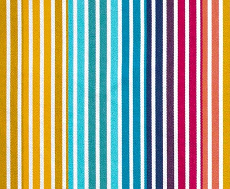 Detail of outdoor fabric in a rainbow stripe print on a white field.