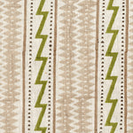 Fabric in a playful stripe and zigzag pattern in shades of cream, green and brown on a white field.