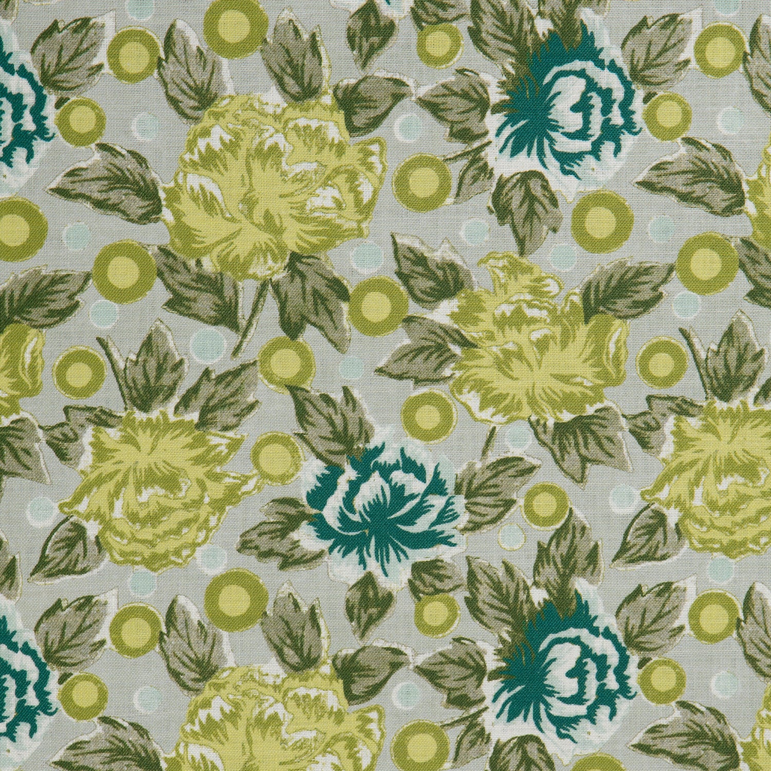 Detail of a printed linen fabric in a repeating china rose pattern in shades of yellow, blue and green on a gray field.
