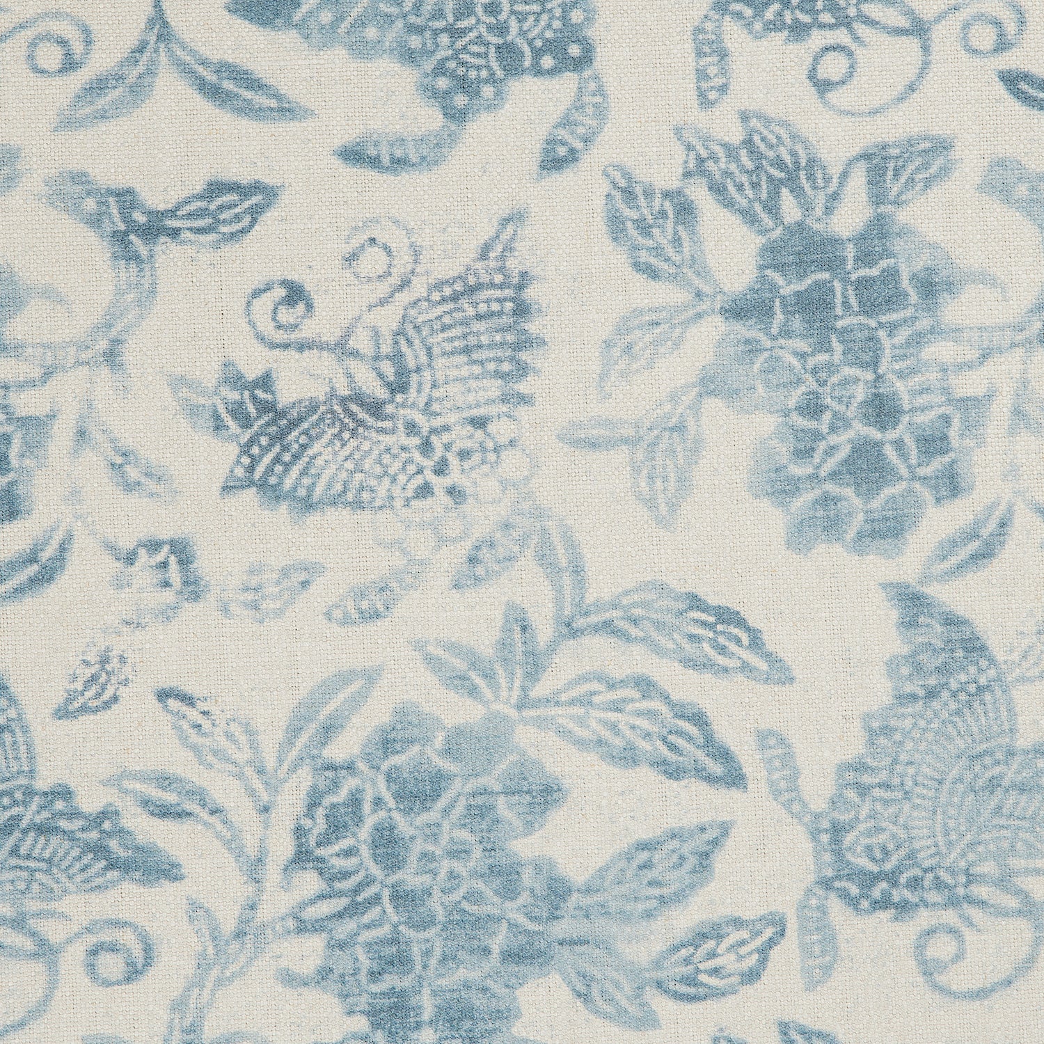 Detail of a printed linen fabric in a repeating flower and butterfly pattern in misty blue on a cream field.