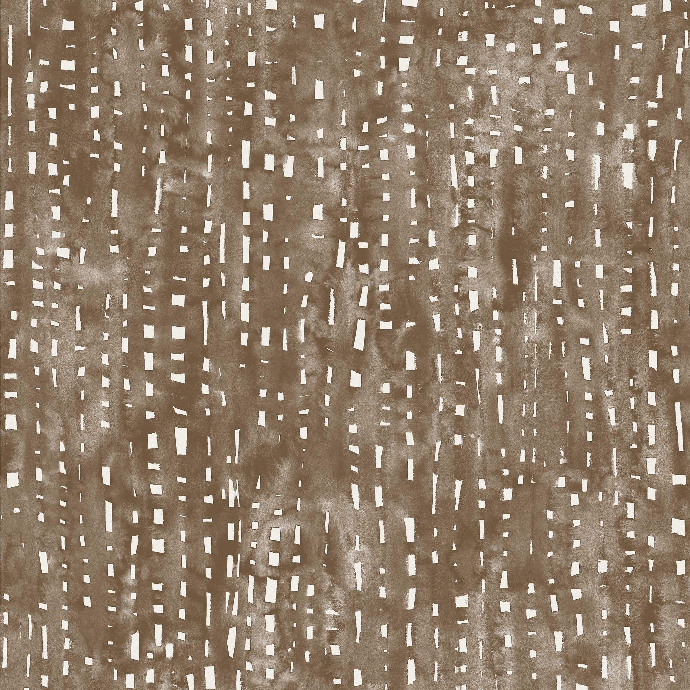 Detail of wallpaper in a painterly small-scale grid print in brown on a white field.