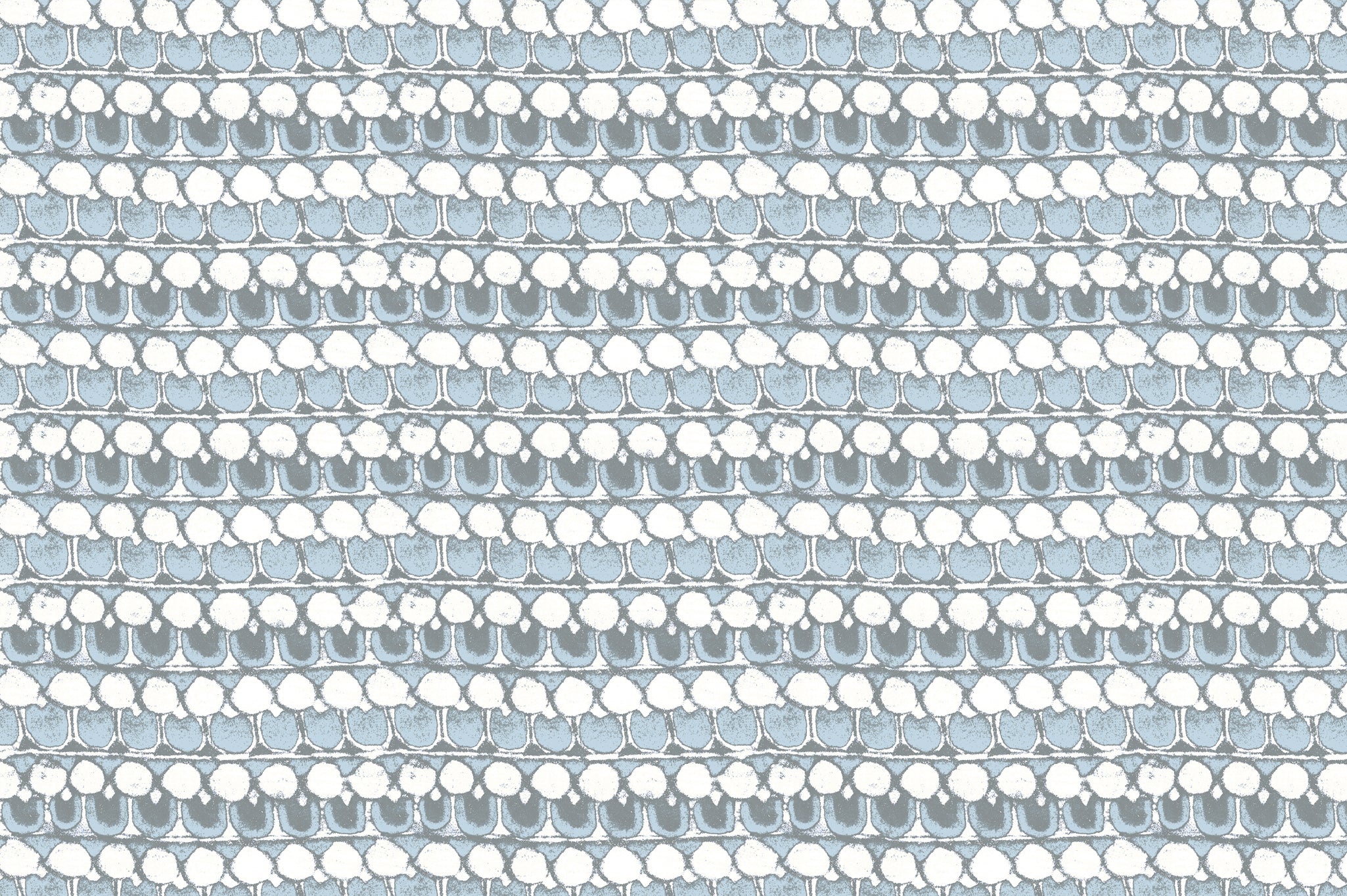 Detail of fabric in a dense curvilinear stripe print in cream, blue and gray.
