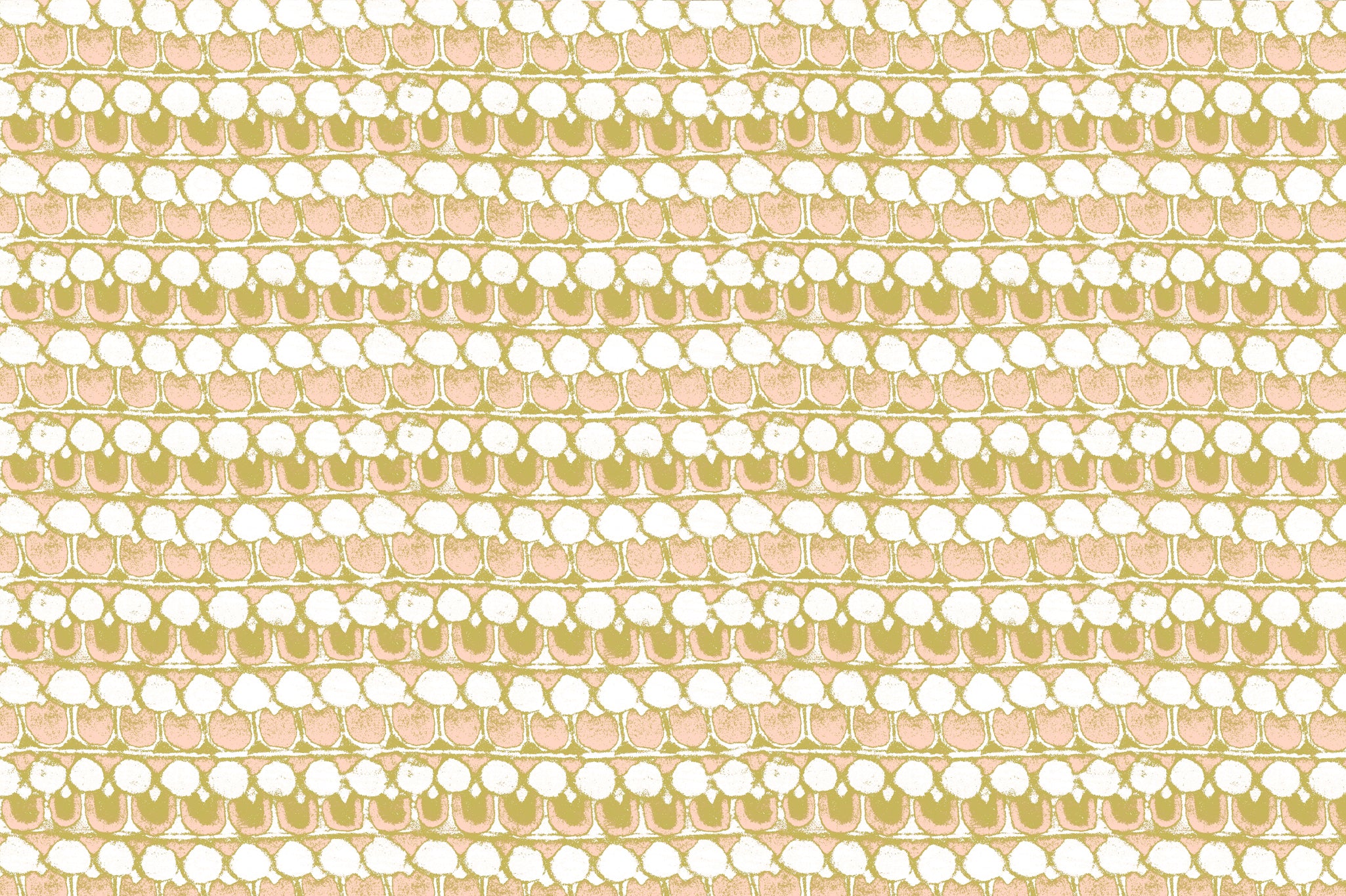 Detail of fabric in a dense curvilinear stripe print in white, yellow and pink.