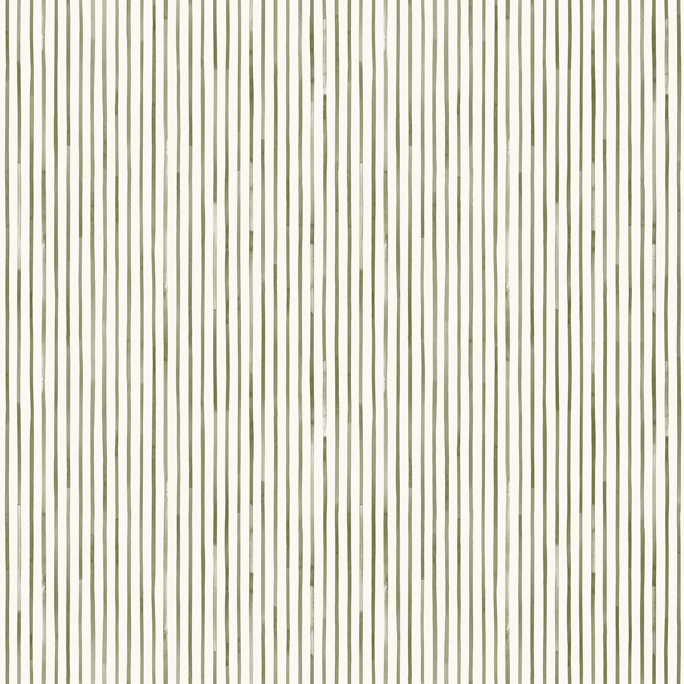 Detail of wallpaper in a painterly stripe pattern in sage on a white field.