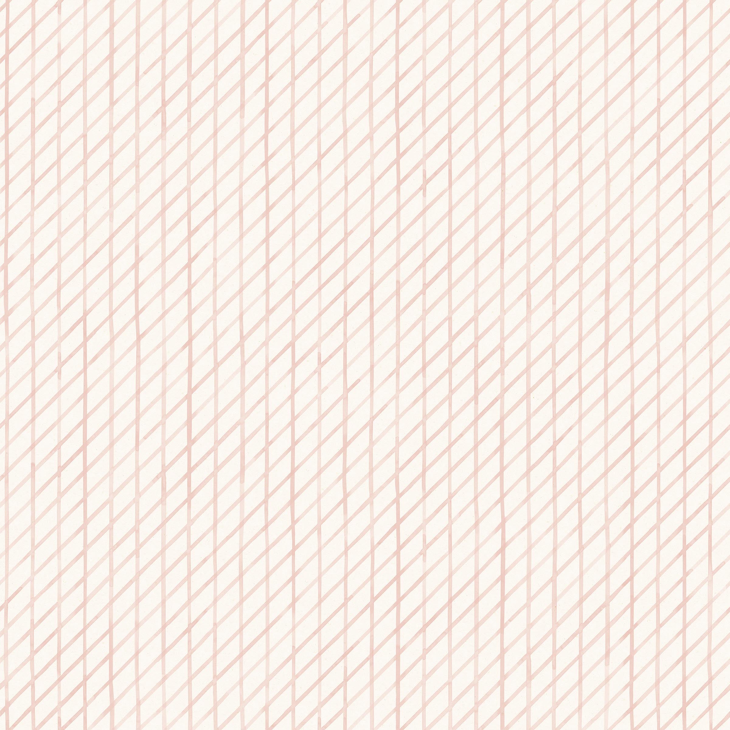 Detail of wallpaper in a painterly grid pattern in light pink on a white field.