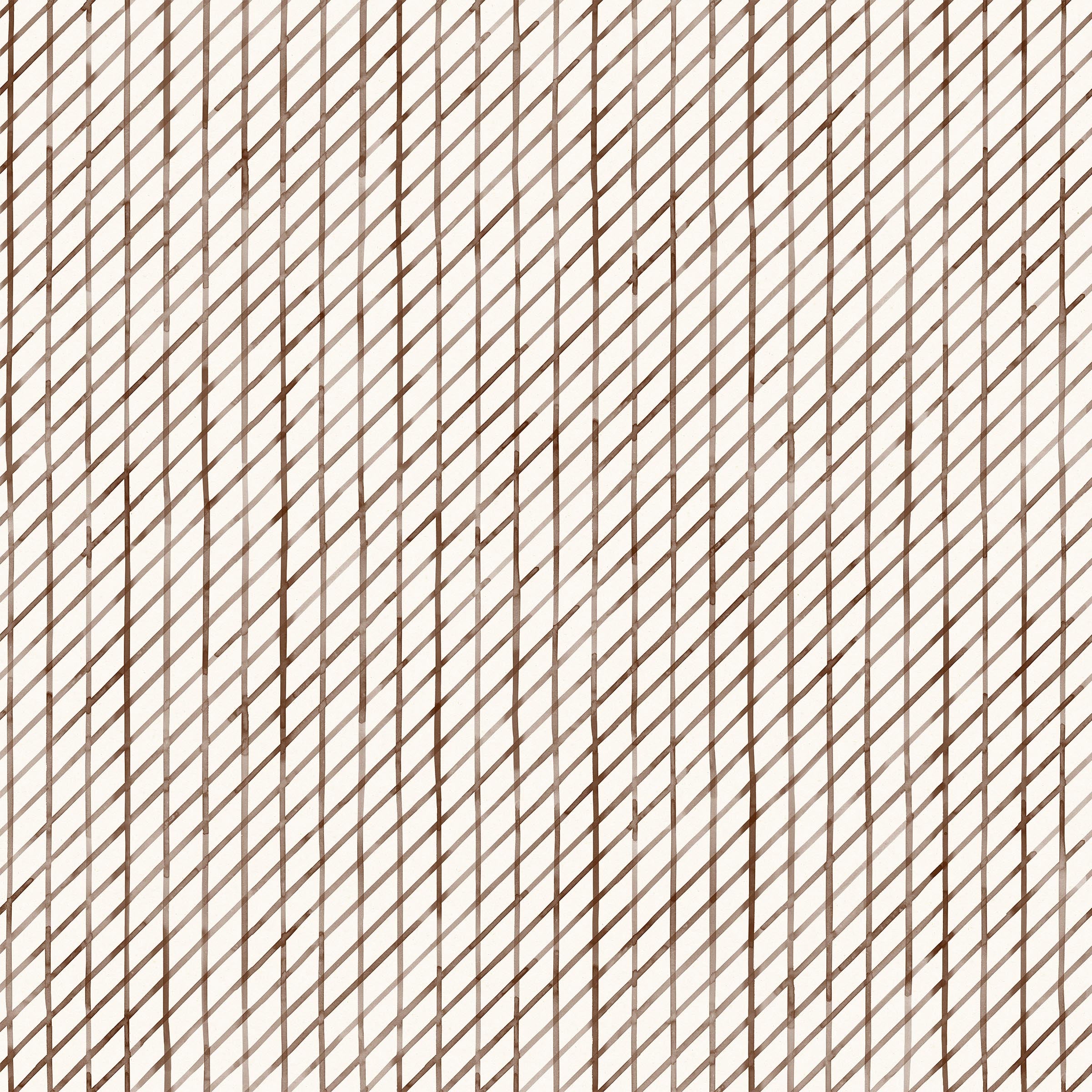 Detail of wallpaper in a painterly uneven grid pattern in brown on a white field.