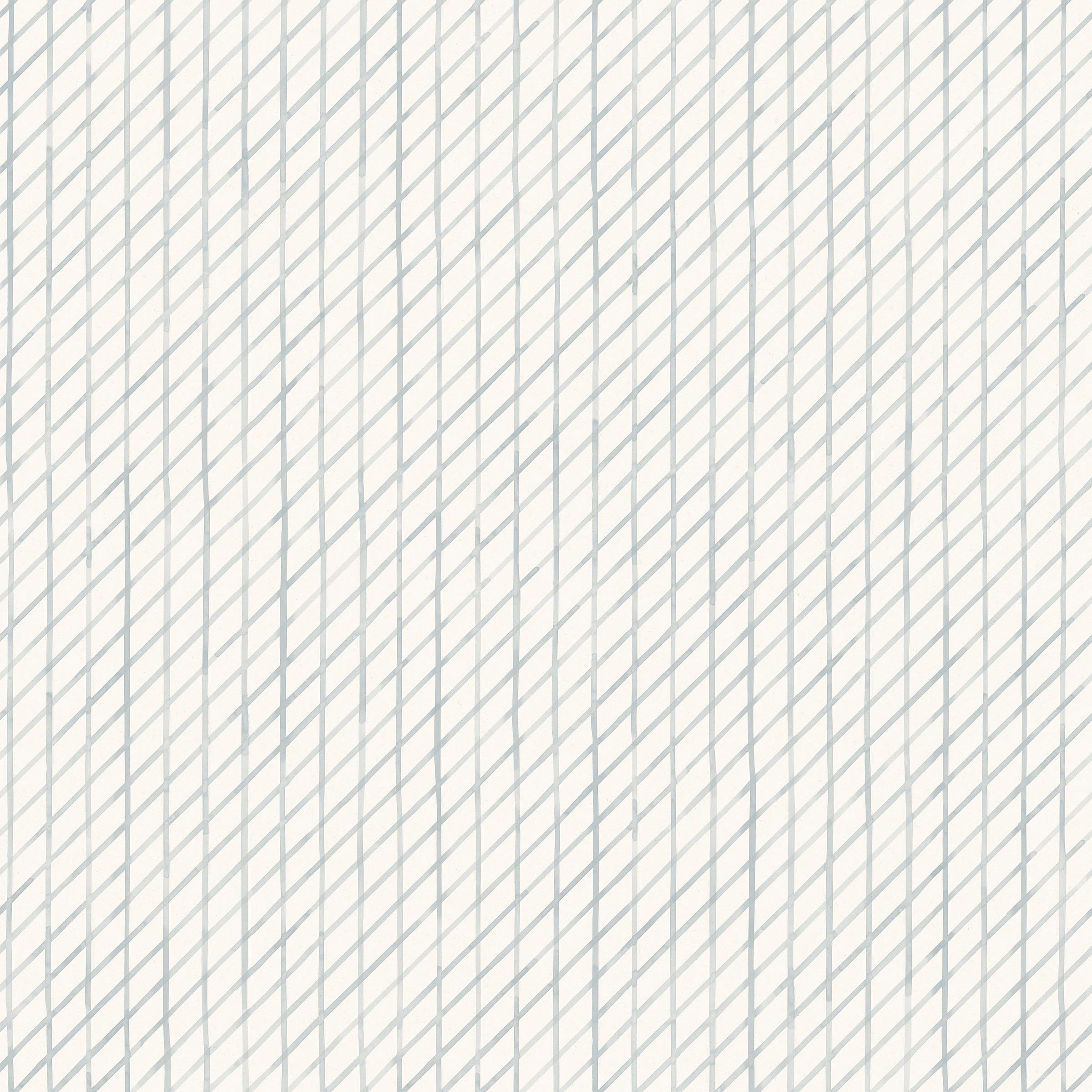 Detail of wallpaper in a painterly uneven grid pattern in light blue on a white field.