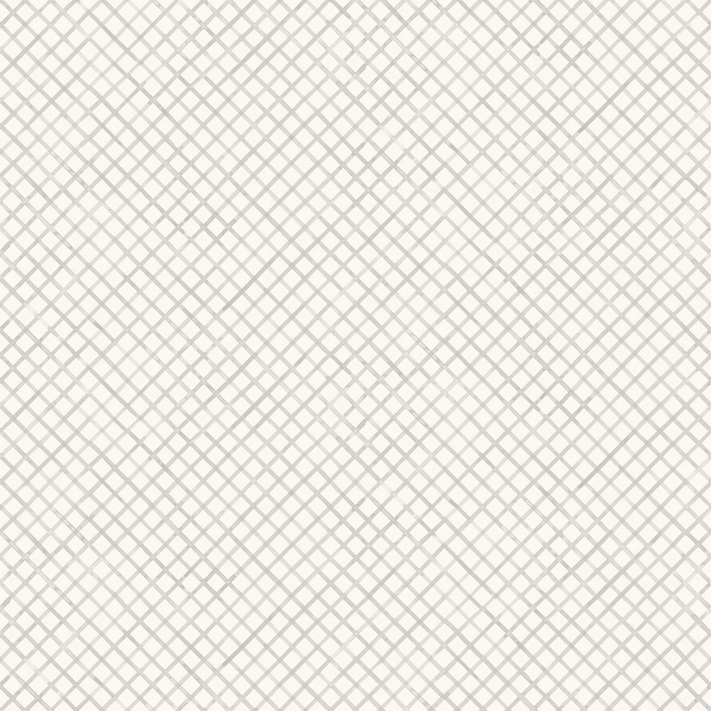 Detail of wallpaper in a painterly grid pattern in gray on a white field.