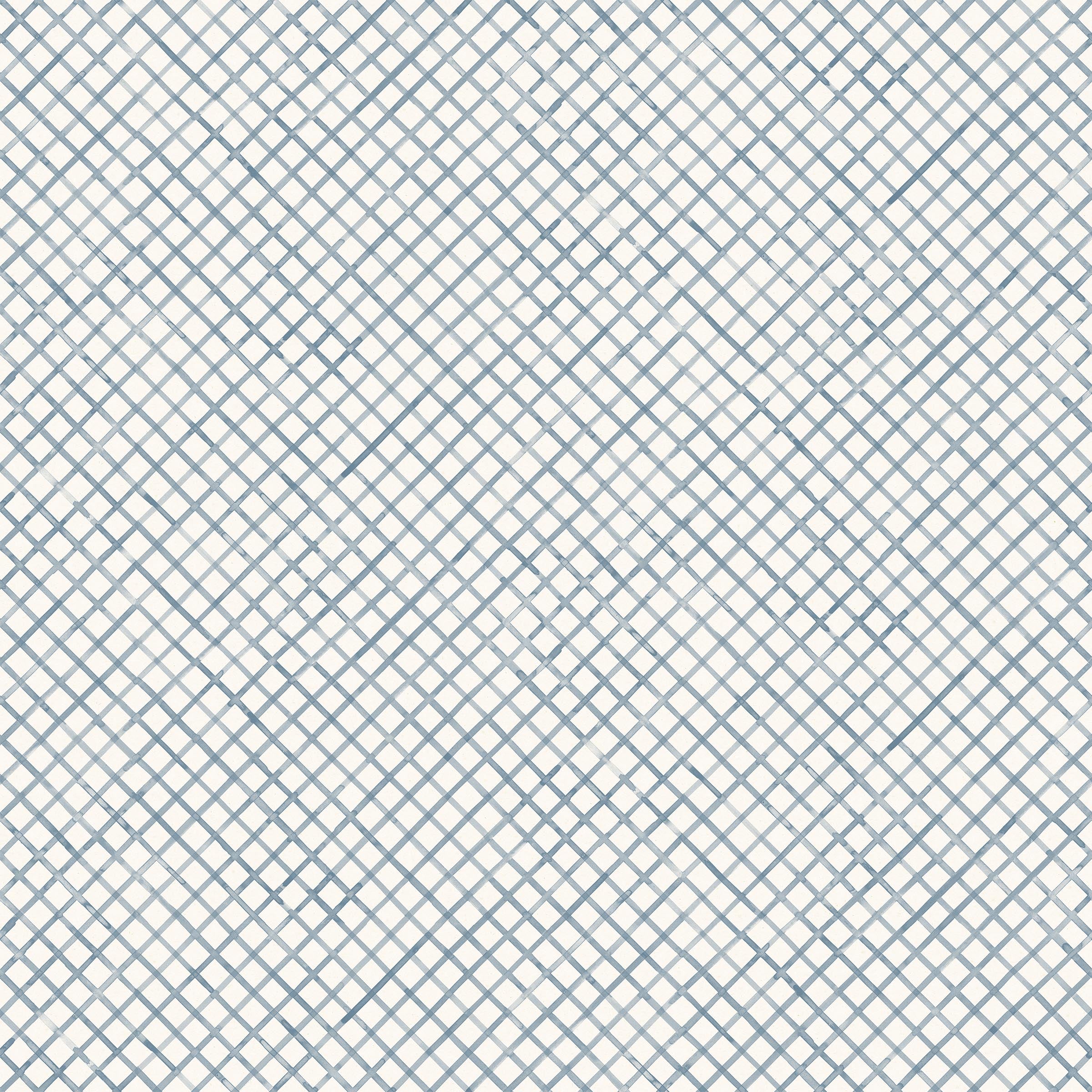 Detail of wallpaper in a painterly grid pattern in navy on a white field.