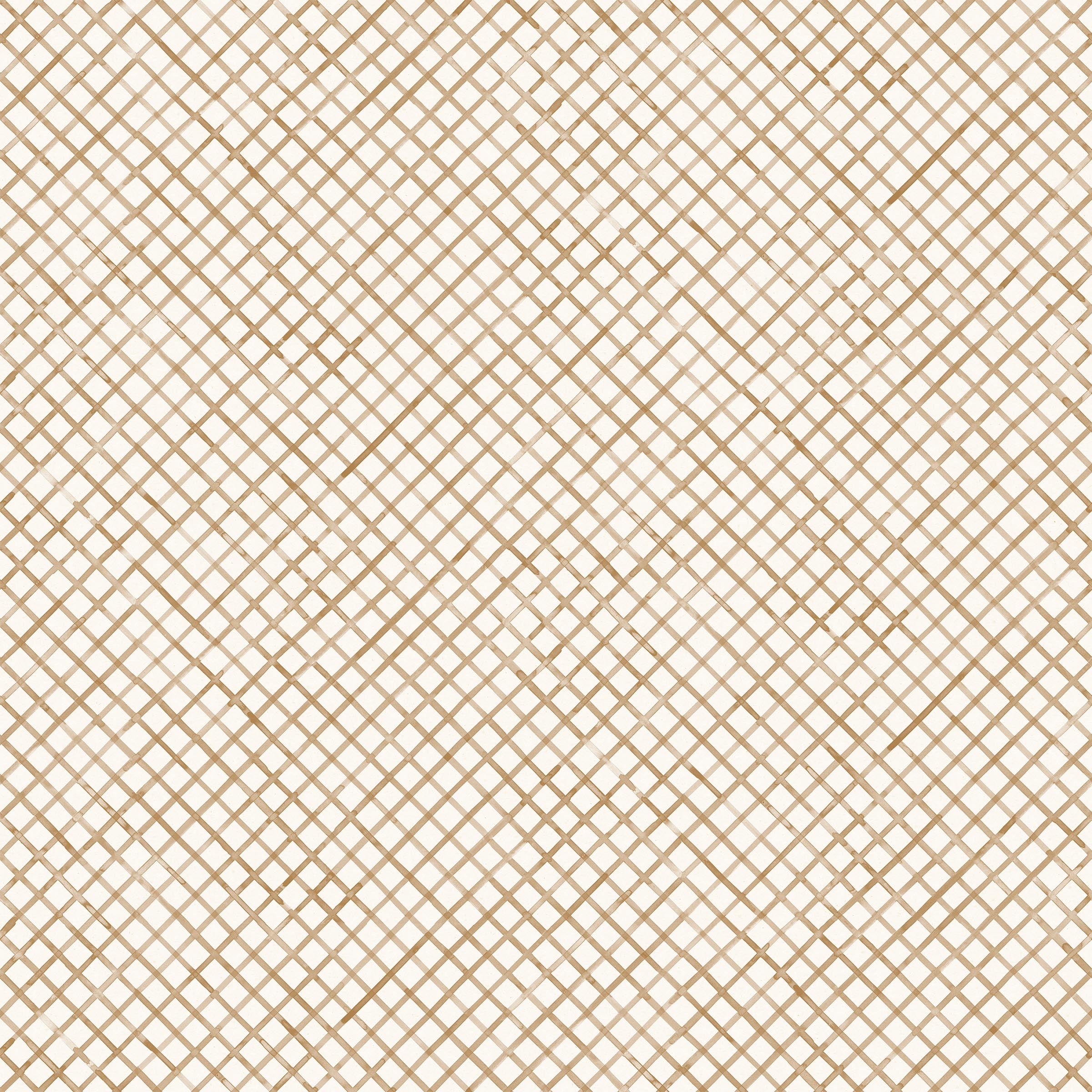 Detail of wallpaper in a painterly grid pattern in bronze on a white field.