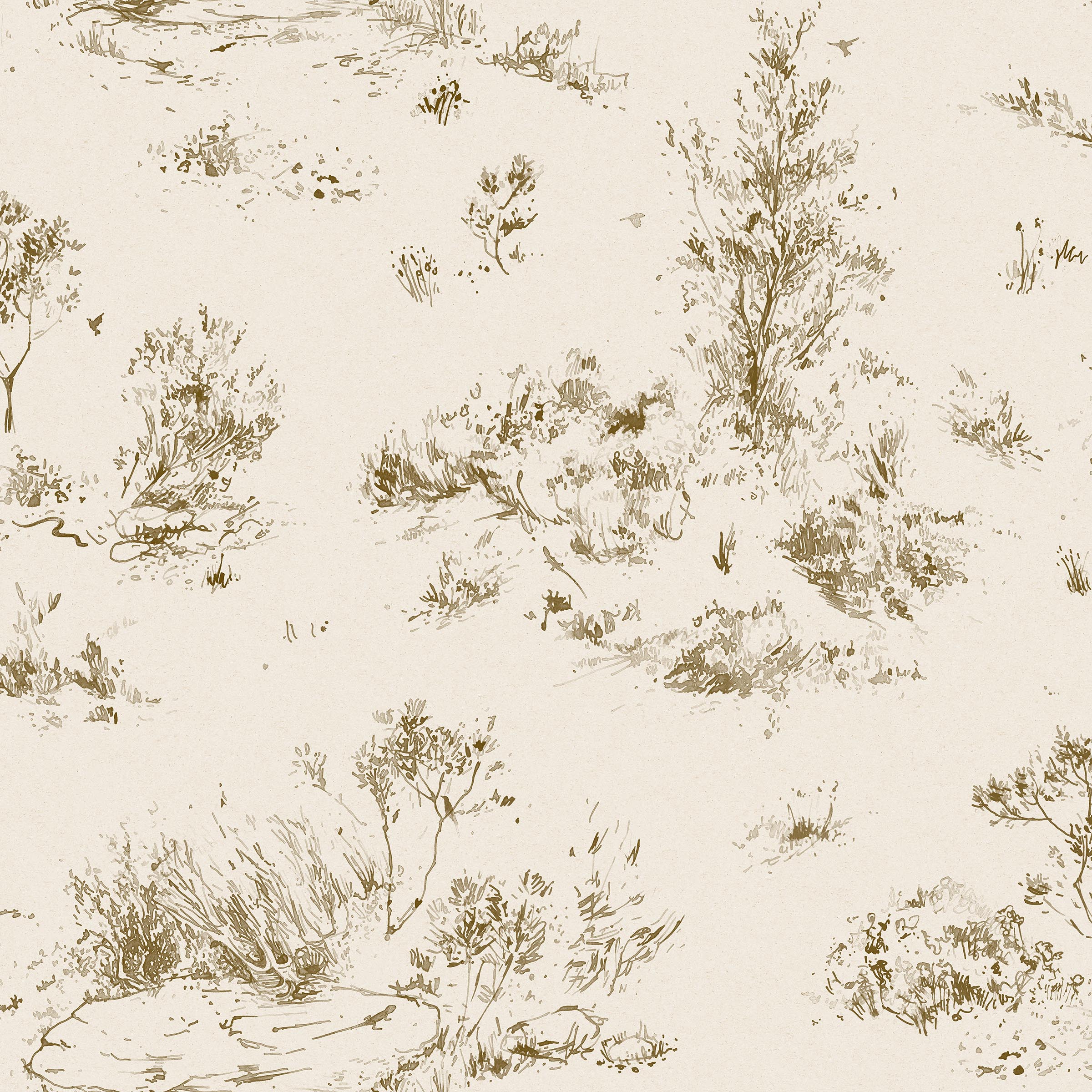 Detail of wallpaper in a painterly shrub and tree print in bronze on a cream field.