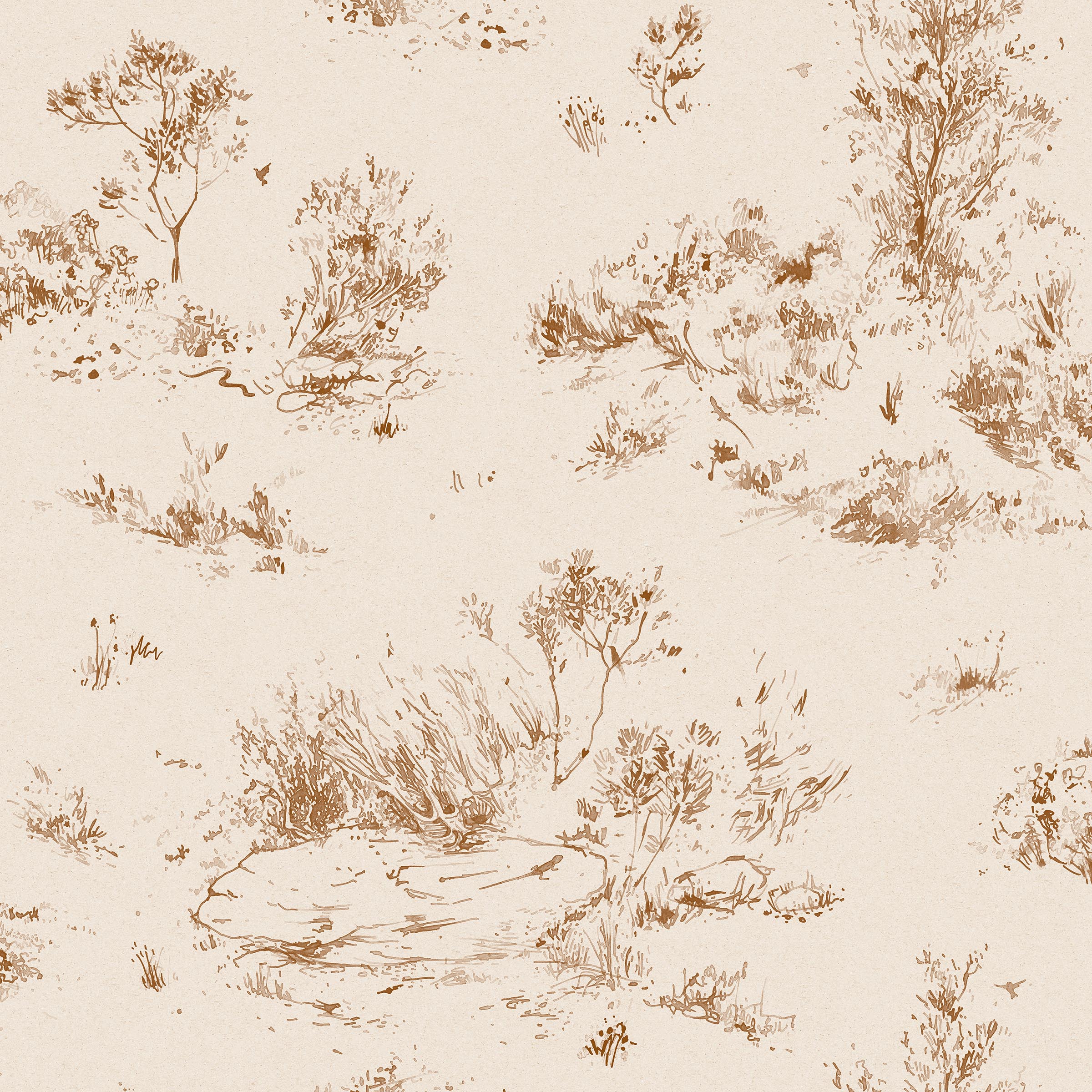 Detail of wallpaper in a painterly shrub and tree print in sienna on a cream field.