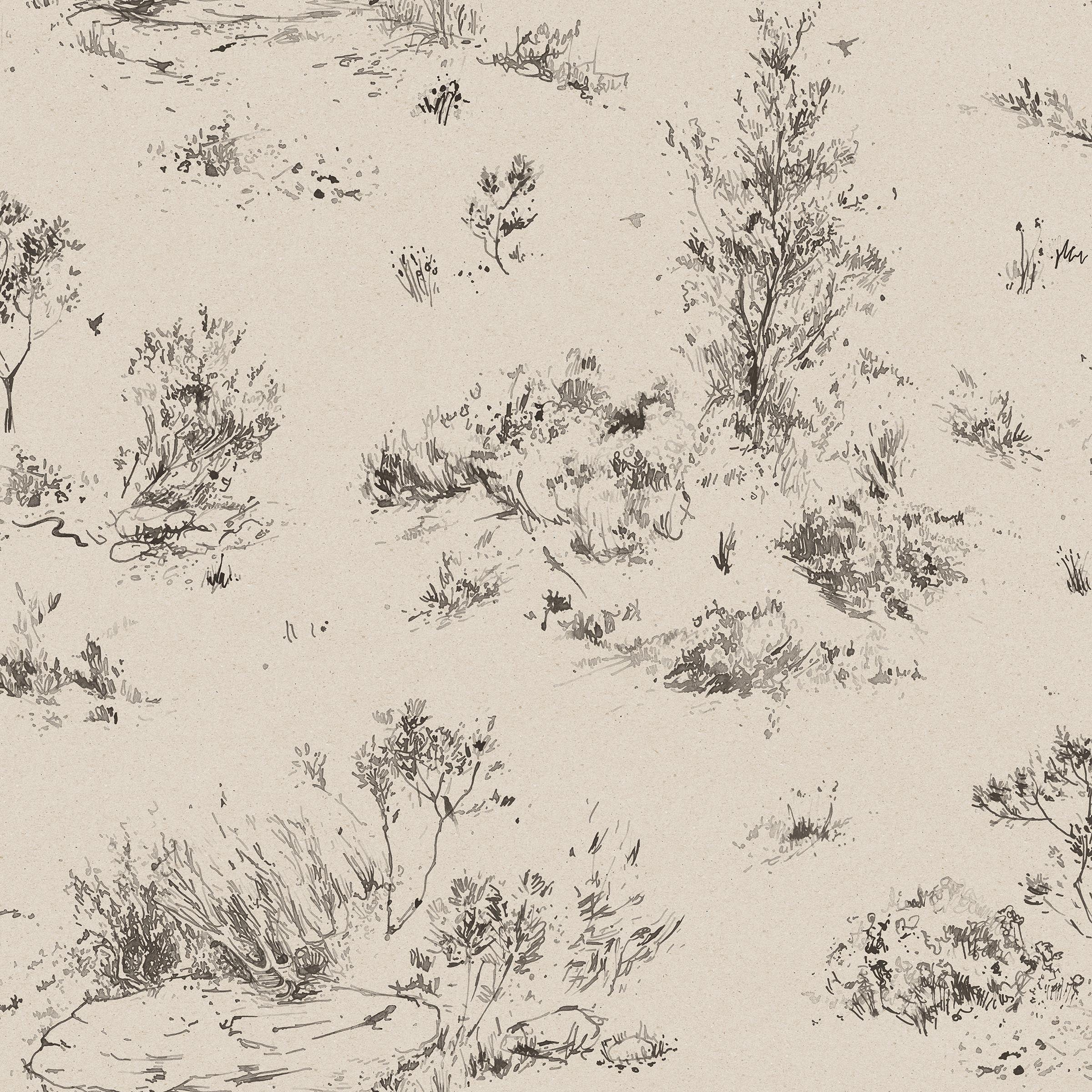 Detail of wallpaper in a painterly shrub and tree print in charcoal on a cream field.