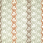 Fabric in a detailed botanical stripe print in shades of green, rust and brown on a white field.
