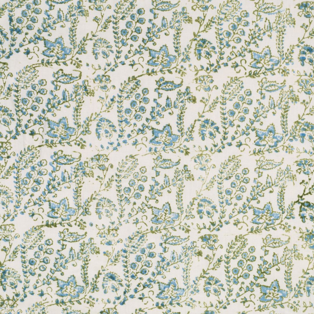 Detail of fabric in a dense floral print in blue and green on a cream field.