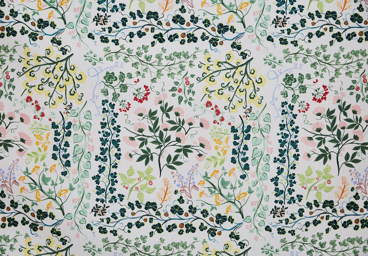 Detail of fabric in a dense floral print in shades of pink, yellow, green and black on a white field.