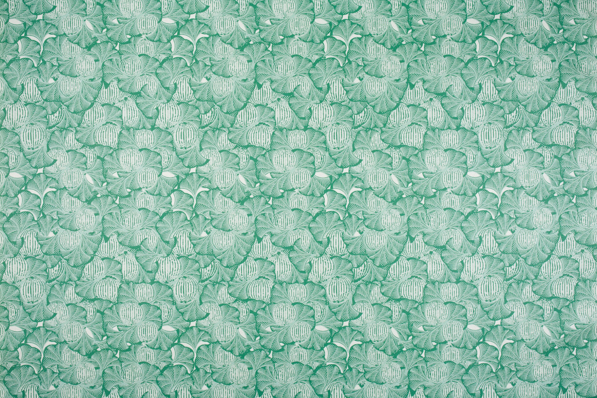 Detail of fabric in a dense petal print in shades of turquoise on a white field.