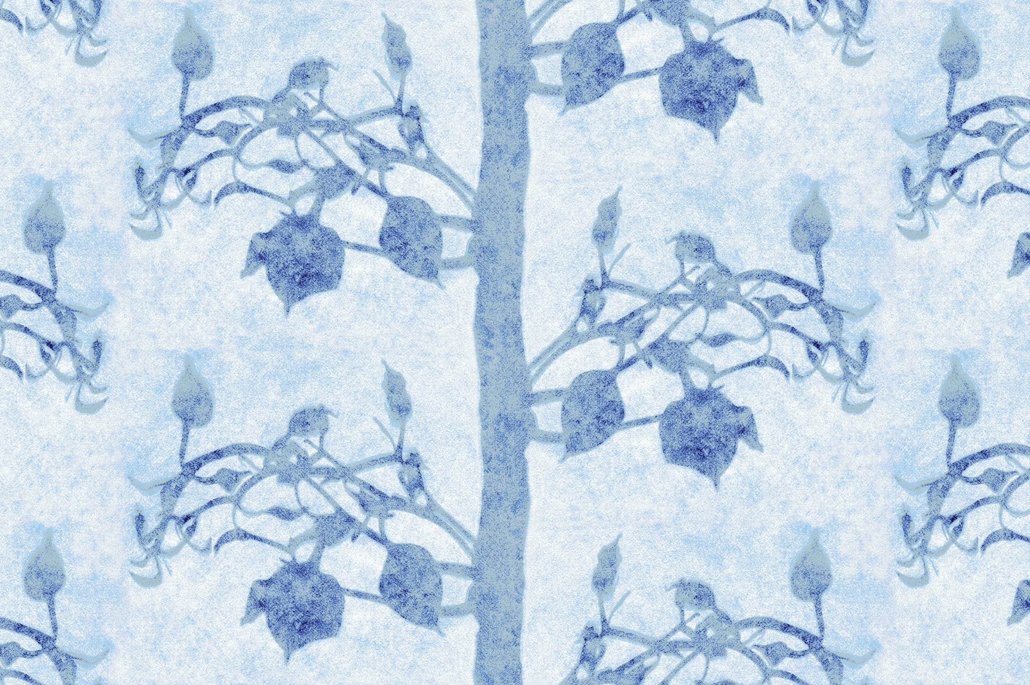 Detail of fabric in a linear tree and leaf print in navy on a light blue field.