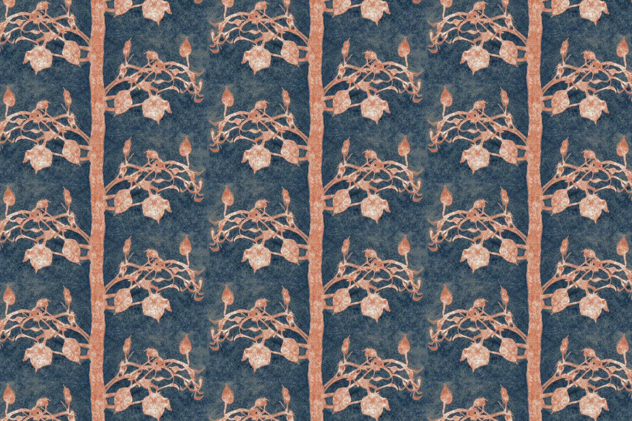 Detail of wallpaper in a linear tree and leaf print in burnt orange on a navy field.